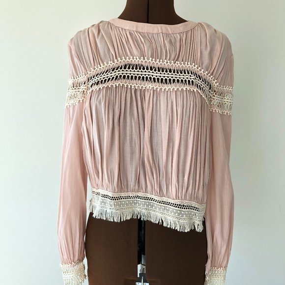 Lace Embellished Cropped Pink Gathered Top - Picture 1 of 9